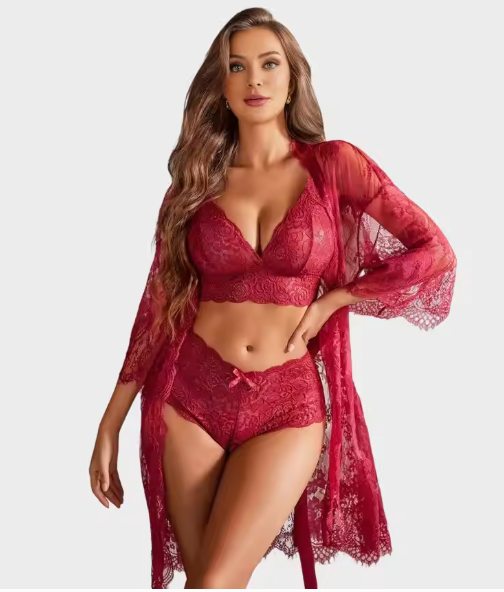 3-Piece Luxury Lace Gown Set  Sexy And Charming Design Sleepwear Set, For Women