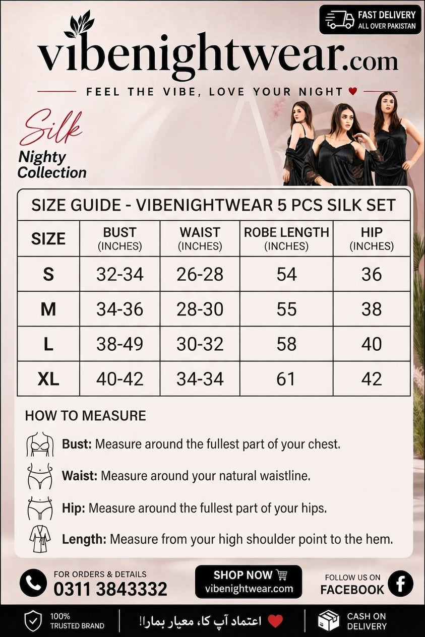 Luxury 5-Piece Silk Nighty Set | Premium Sleepwear Collection – Vibe Nightwear
