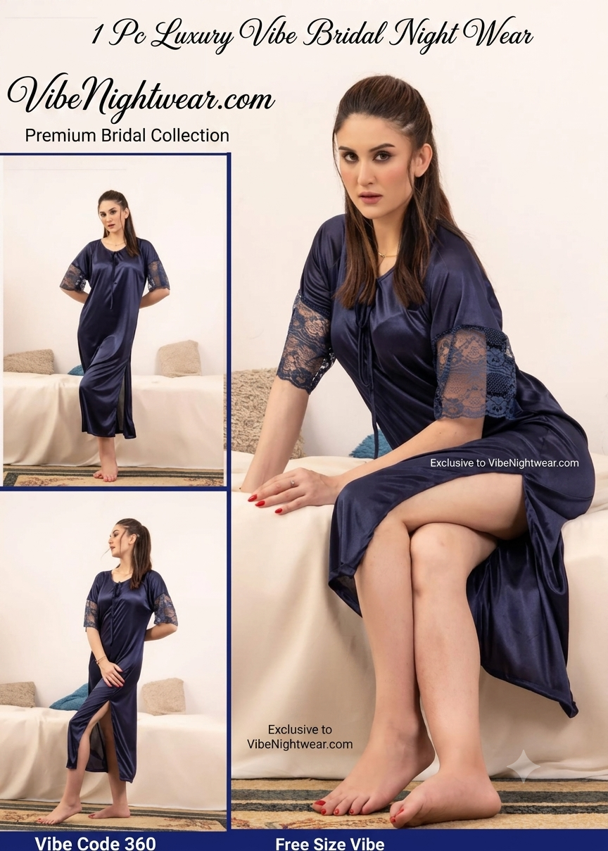 1 Pc Luxury Satin Bridal Nighty with Lace Sleeves