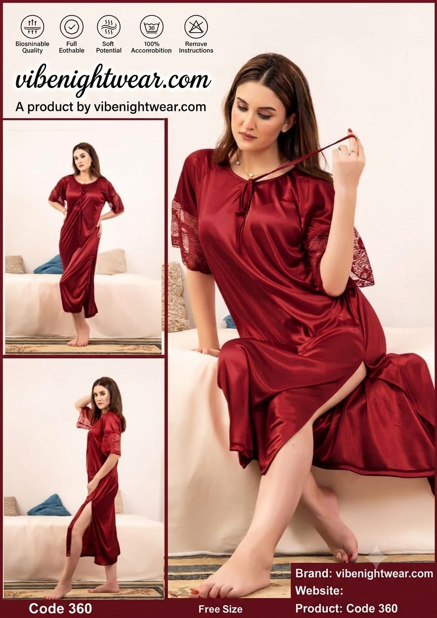 1 Pc Luxury Satin Bridal Nighty with Lace Sleeves
