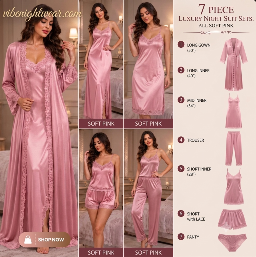 7-Piece Luxury Silk Nightwear Set with Lace Trim