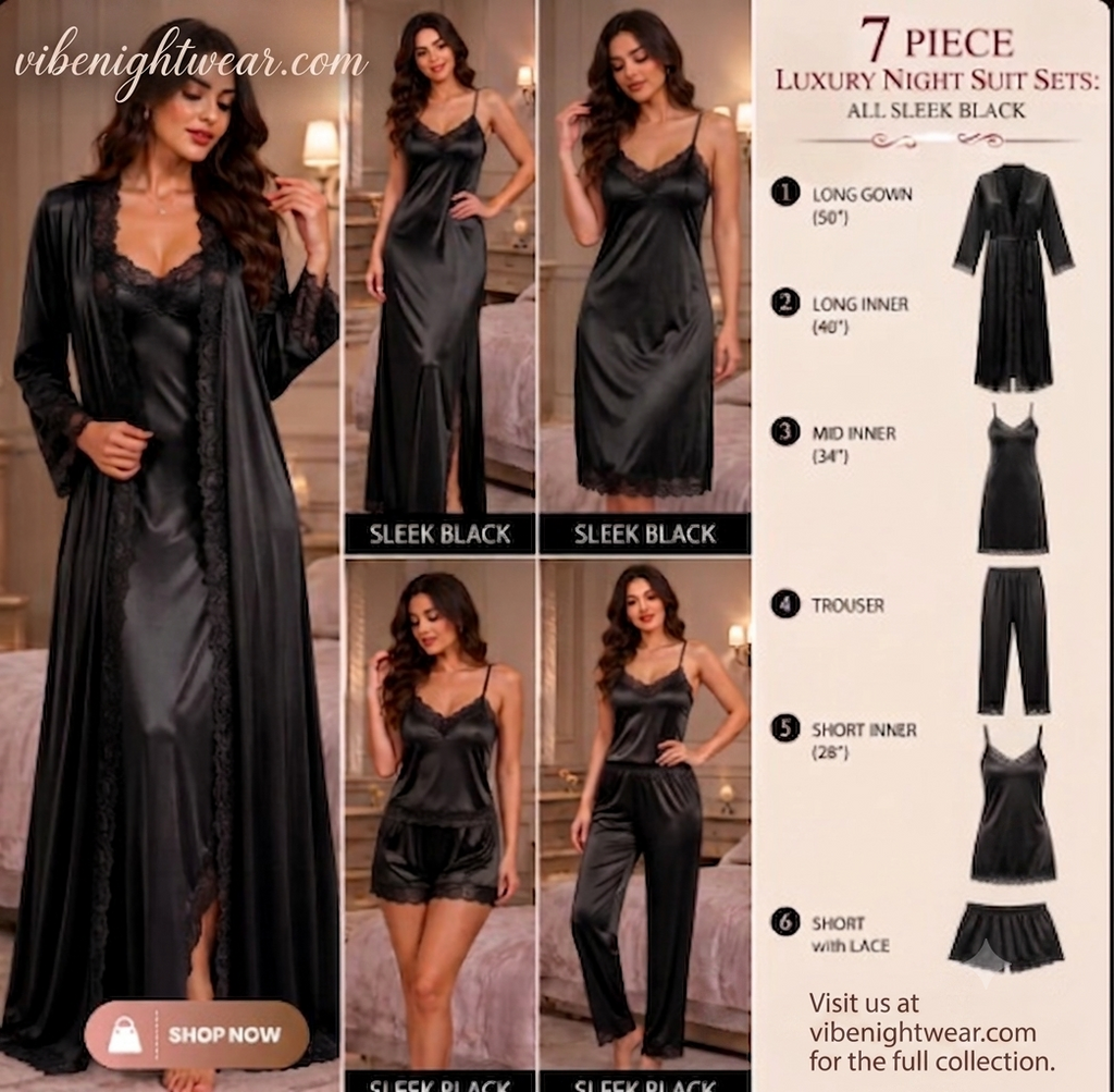 7-Piece Luxury Silk Nightwear Set with Lace Trim