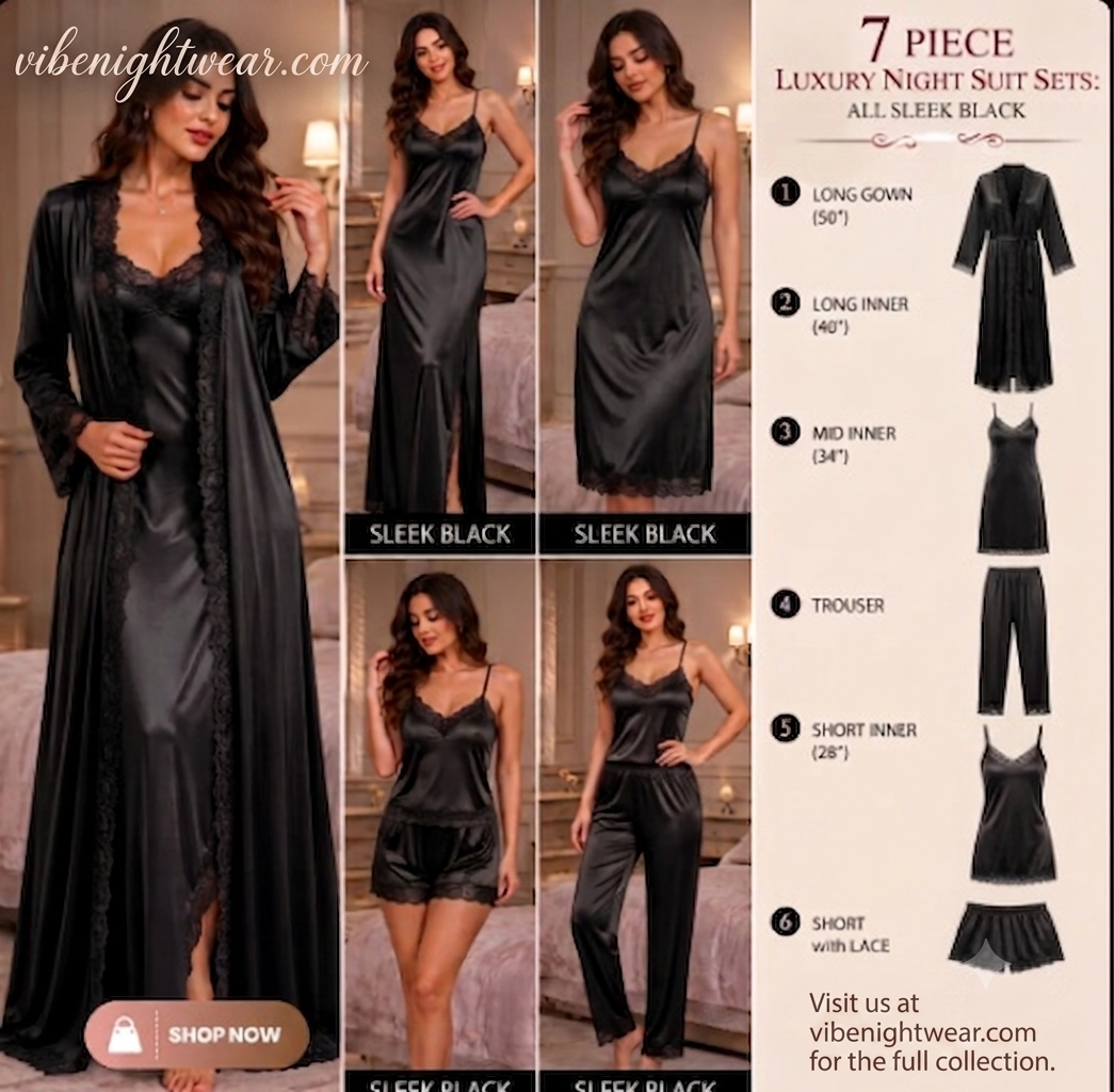 7-Piece Luxury Silk Nightwear Set with Lace Trim