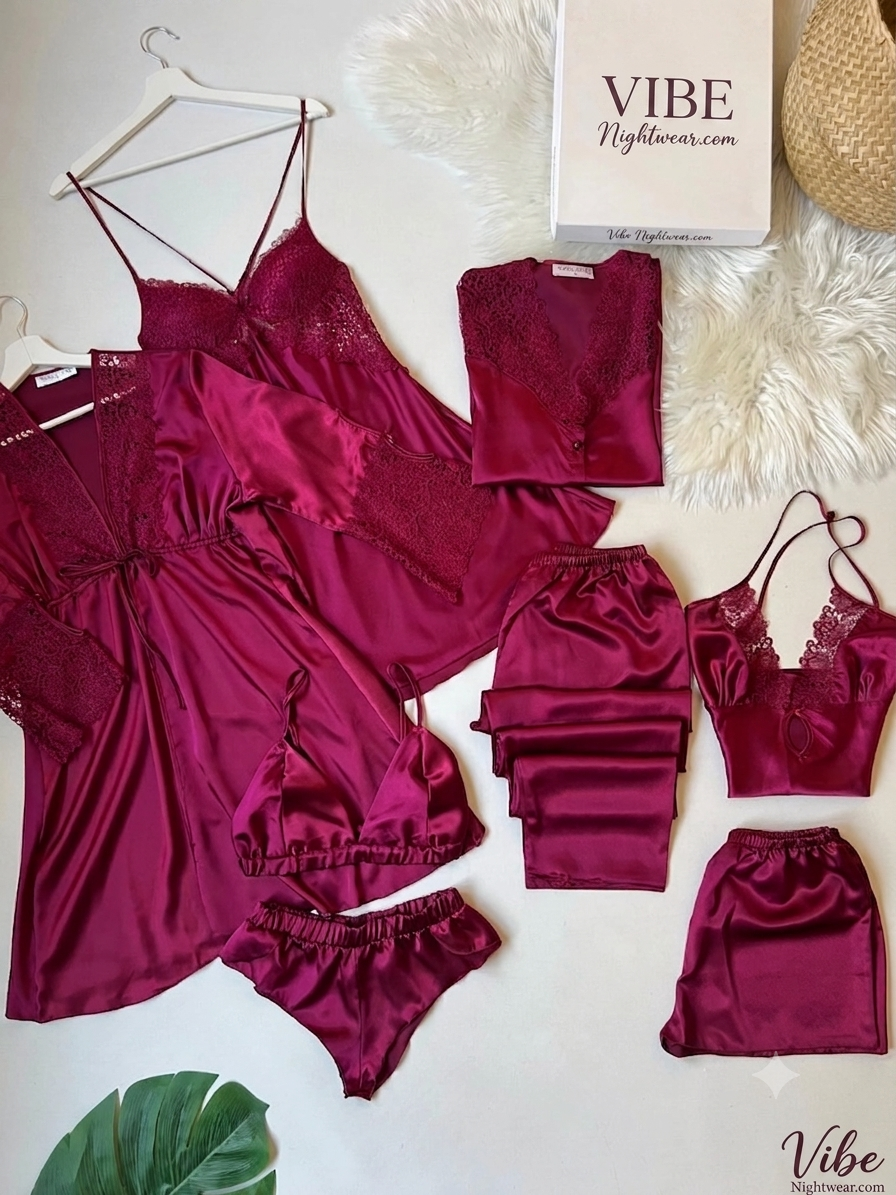 Vibe Luxury 8-Piece Satin & Lace Nightwear Set