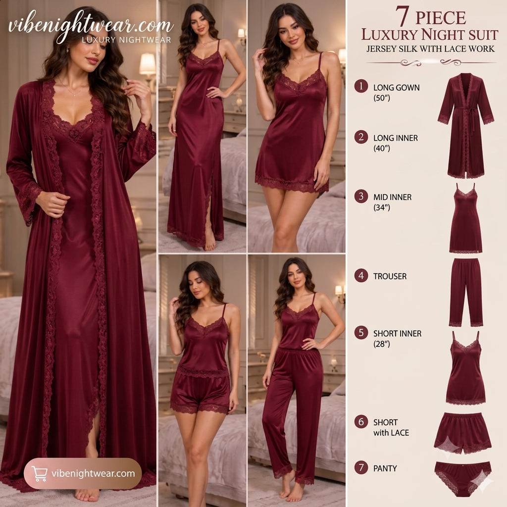7-Piece Luxury Silk Nightwear Set with Lace Trim