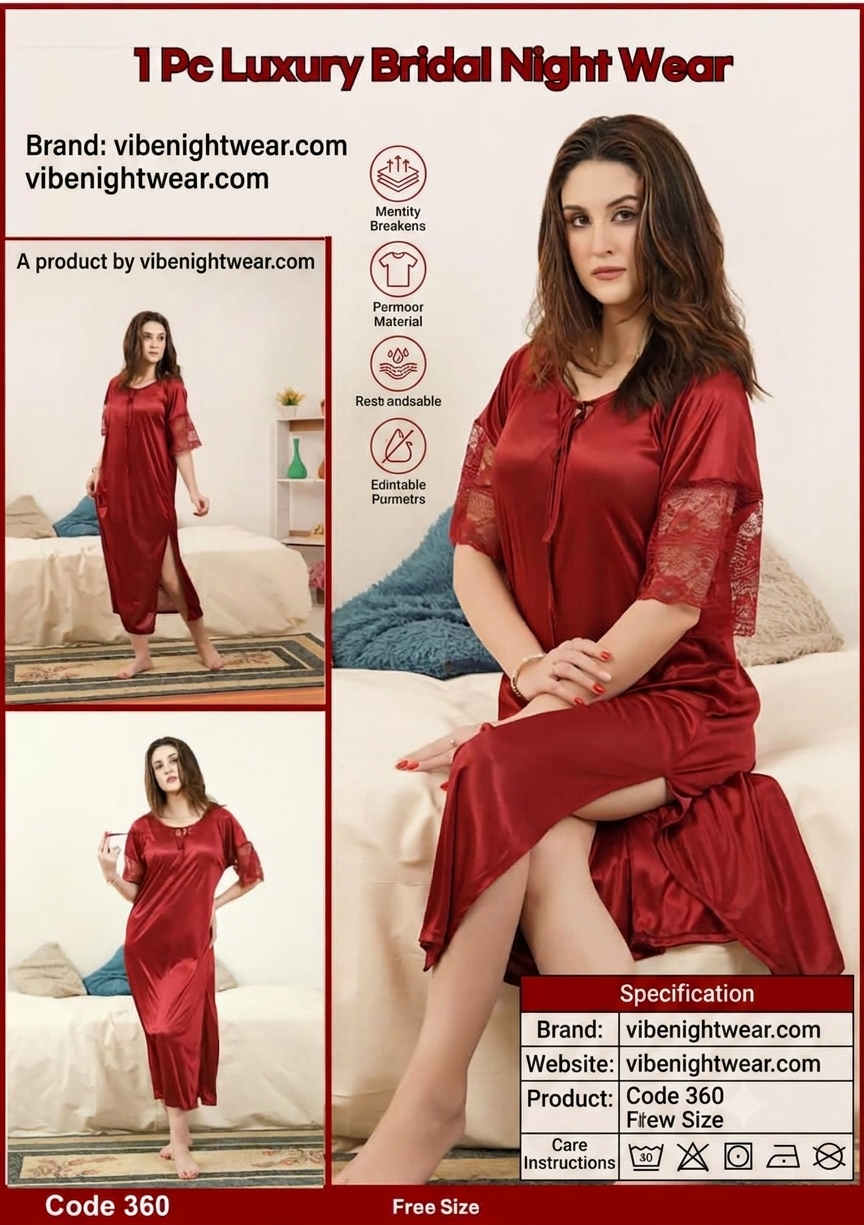 1 Pc Luxury Satin Bridal Nighty with Lace Sleeves