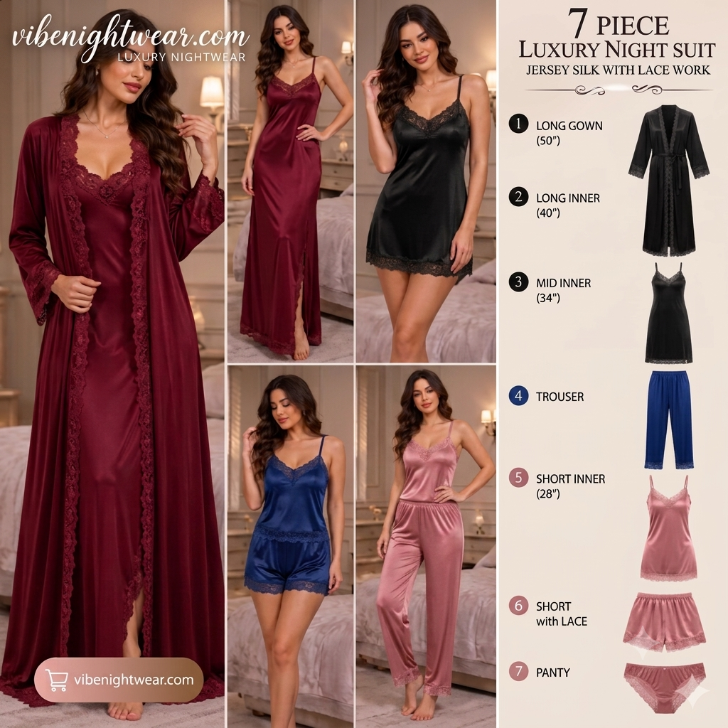 7-Piece Luxury Silk Nightwear Set with Lace Trim