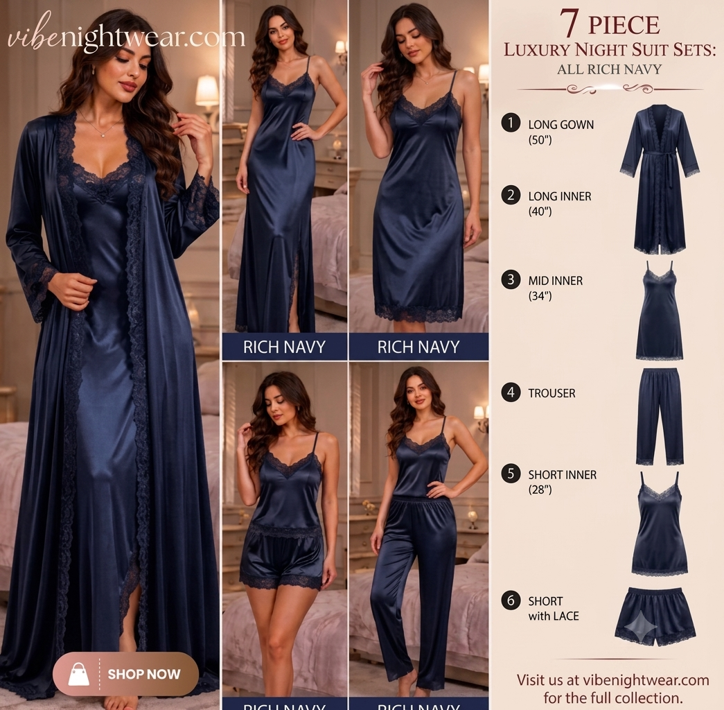 7-Piece Luxury Silk Nightwear Set with Lace Trim
