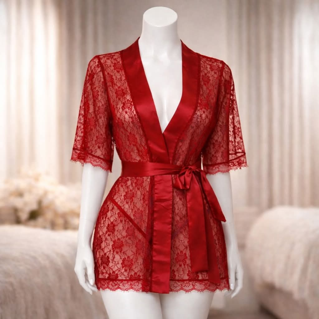 3 piece Sheer Lace Short Kimono Robe
