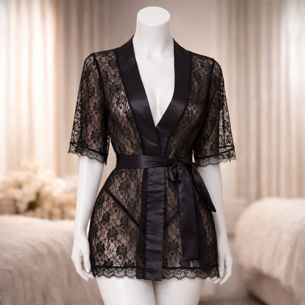3 piece Sheer Lace Short Kimono Robe