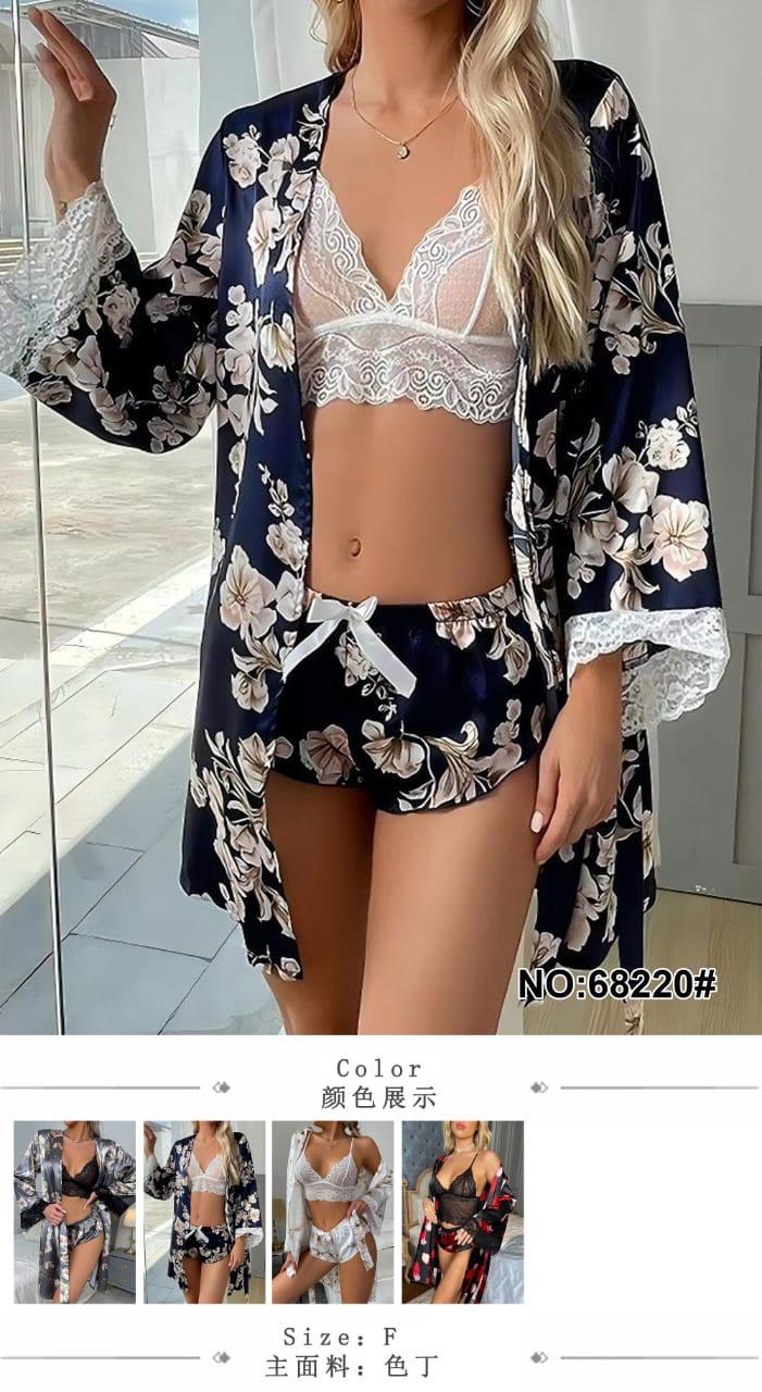 3-Piece Floral Satin Lace Lingerie Set – Robe, Bralette & Shorts | Spring Collection