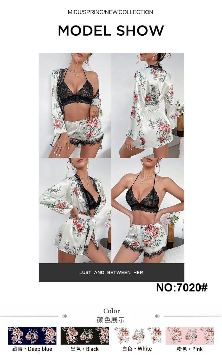 3-Piece Floral Satin Lace Lingerie Set – Robe, Bralette & Shorts | Spring Collection