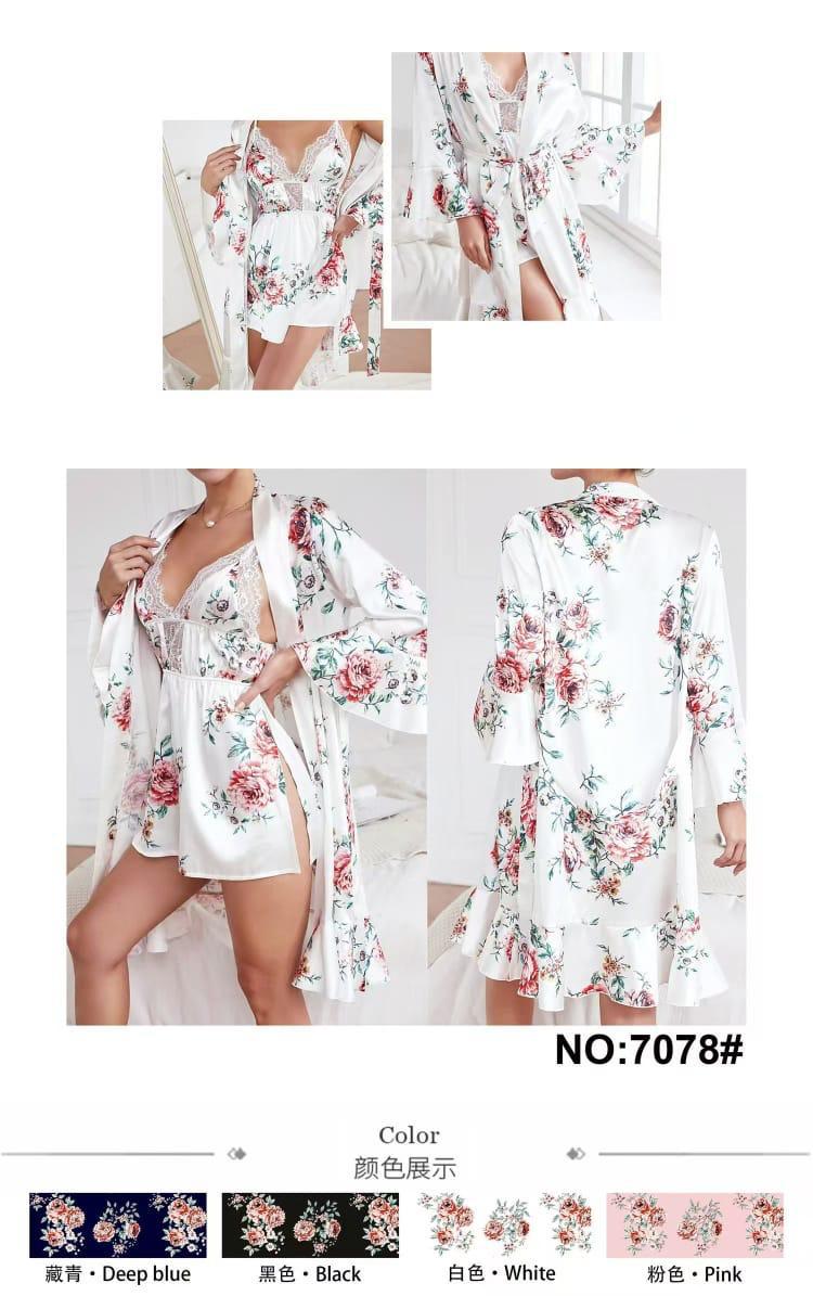 3-Piece Floral Satin Lace Lingerie Set – Robe, Bralette & Shorts | Spring Collection