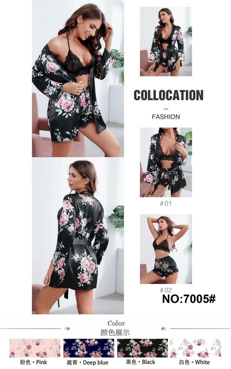 3-Piece Floral Satin Lace Lingerie Set – Robe, Bralette & Shorts | Spring Collection