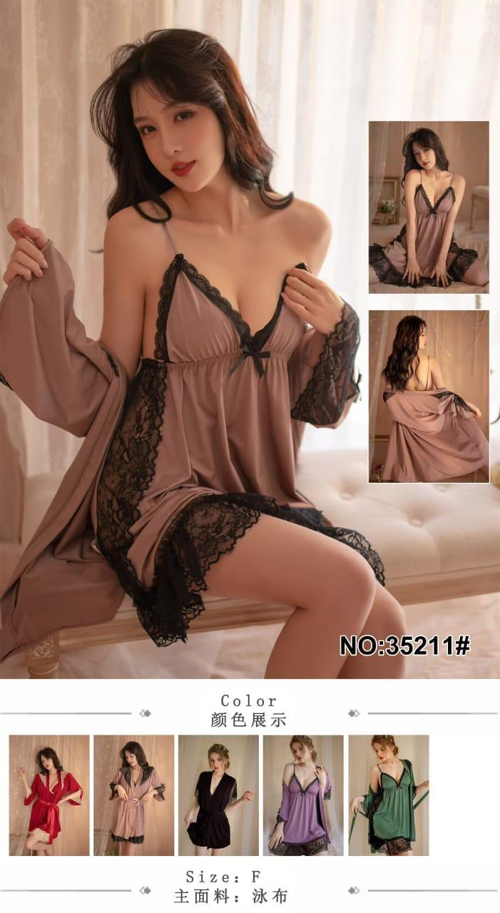 Sexy Bras Lace Silk Satin Night Dress Lingerie G-string Sleepwear 2pc Suit