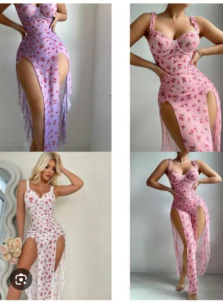 Elegant Floral Print Double Side-Slit Mesh Maxi Dress