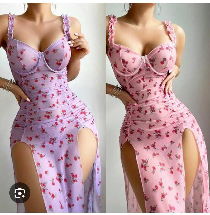 Elegant Floral Print Double Side-Slit Mesh Maxi Dress