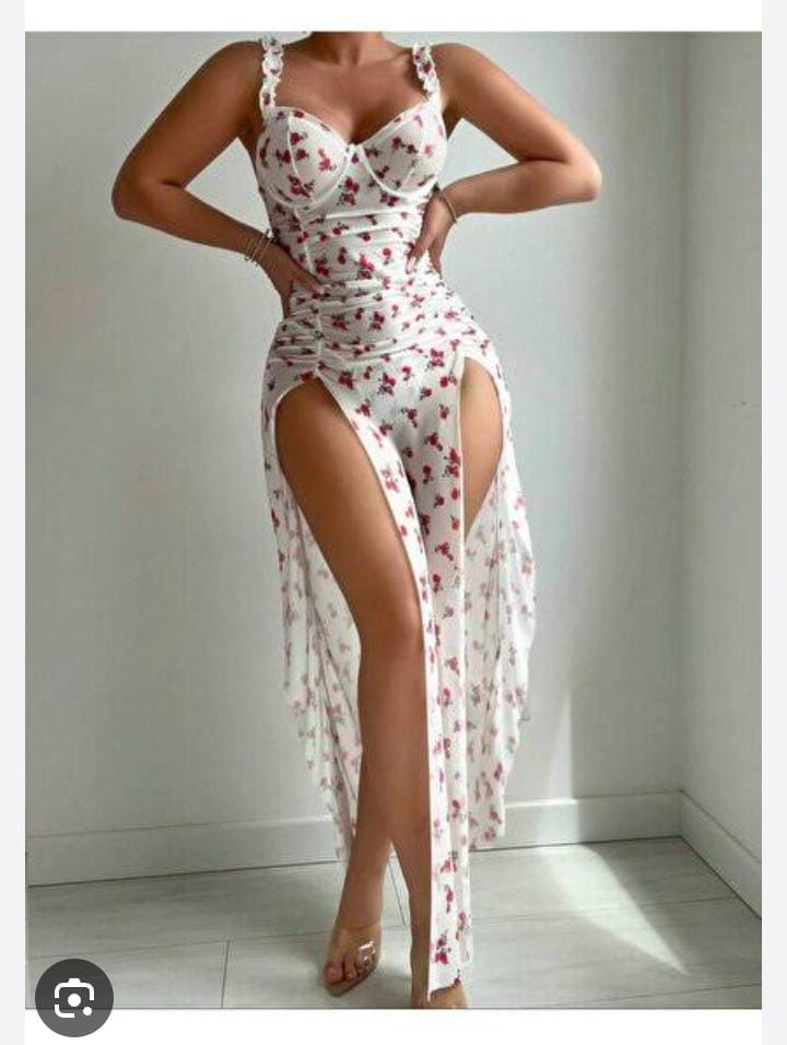 Elegant Floral Print Double Side-Slit Mesh Maxi Dress
