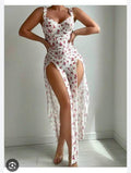 Elegant Floral Print Double Side-Slit Mesh Maxi Dress
