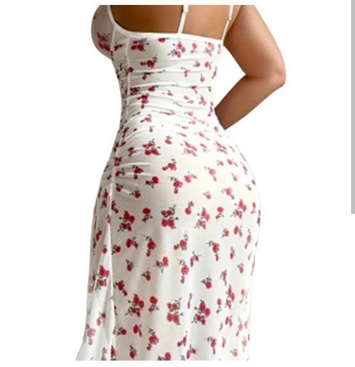 Elegant Floral Print Double Side-Slit Mesh Maxi Dress