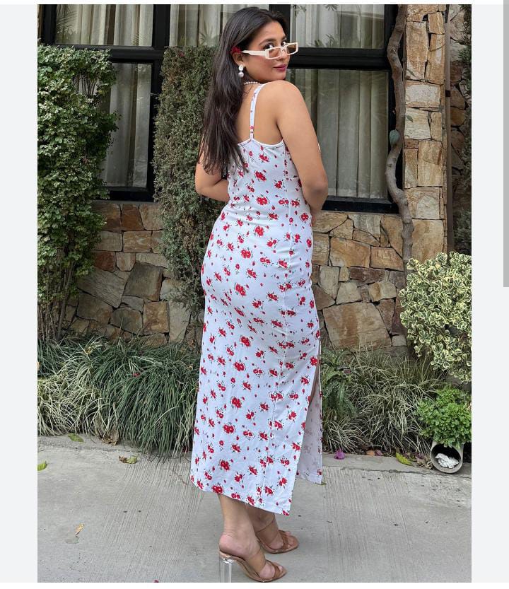 Elegant Floral Print Double Side-Slit Mesh Maxi Dress