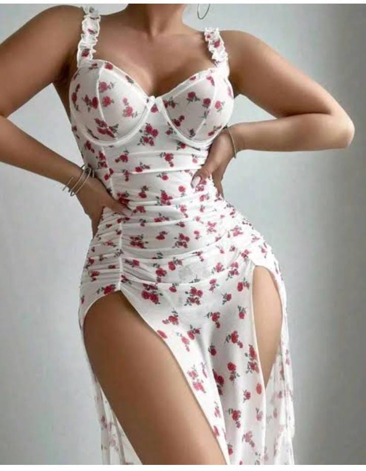 Elegant Floral Print Double Side-Slit Mesh Maxi Dress