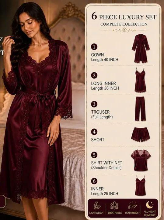 6-Piece Luxury Satin Nightwear Set – Bridal & Honeymoon Collection