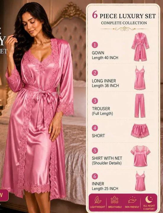 6-Piece Luxury Satin Nightwear Set – Bridal & Honeymoon Collection