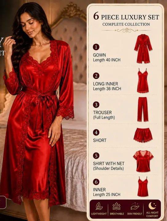 6-Piece Luxury Satin Nightwear Set – Bridal & Honeymoon Collection