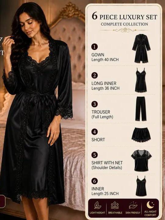 6-Piece Luxury Satin Nightwear Set – Bridal & Honeymoon Collection