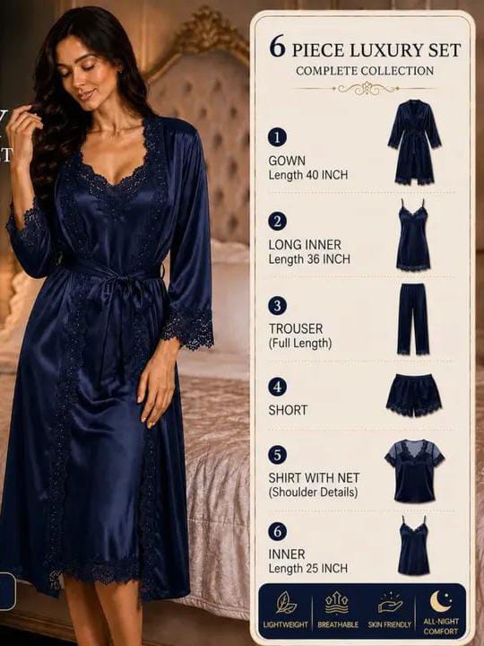 6-Piece Luxury Satin Nightwear Set – Bridal & Honeymoon Collection