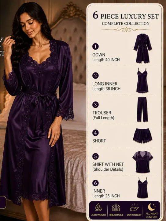 6-Piece Luxury Satin Nightwear Set – Bridal & Honeymoon Collection