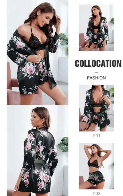 3-Piece Floral Satin Lace Lingerie Set – Robe, Bralette & Shorts | Spring Collection
