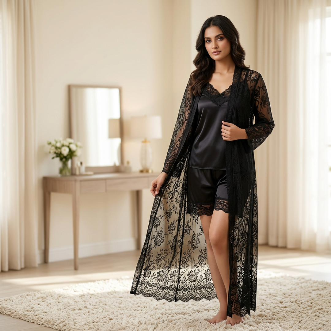 Premium Black Satin Lace 3-Piece Nightwear Set