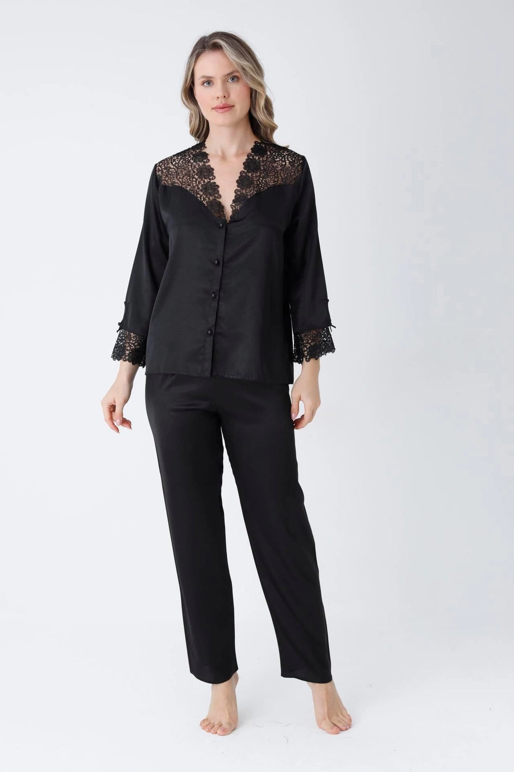 Black Satin 6-Piece Nightwear Set