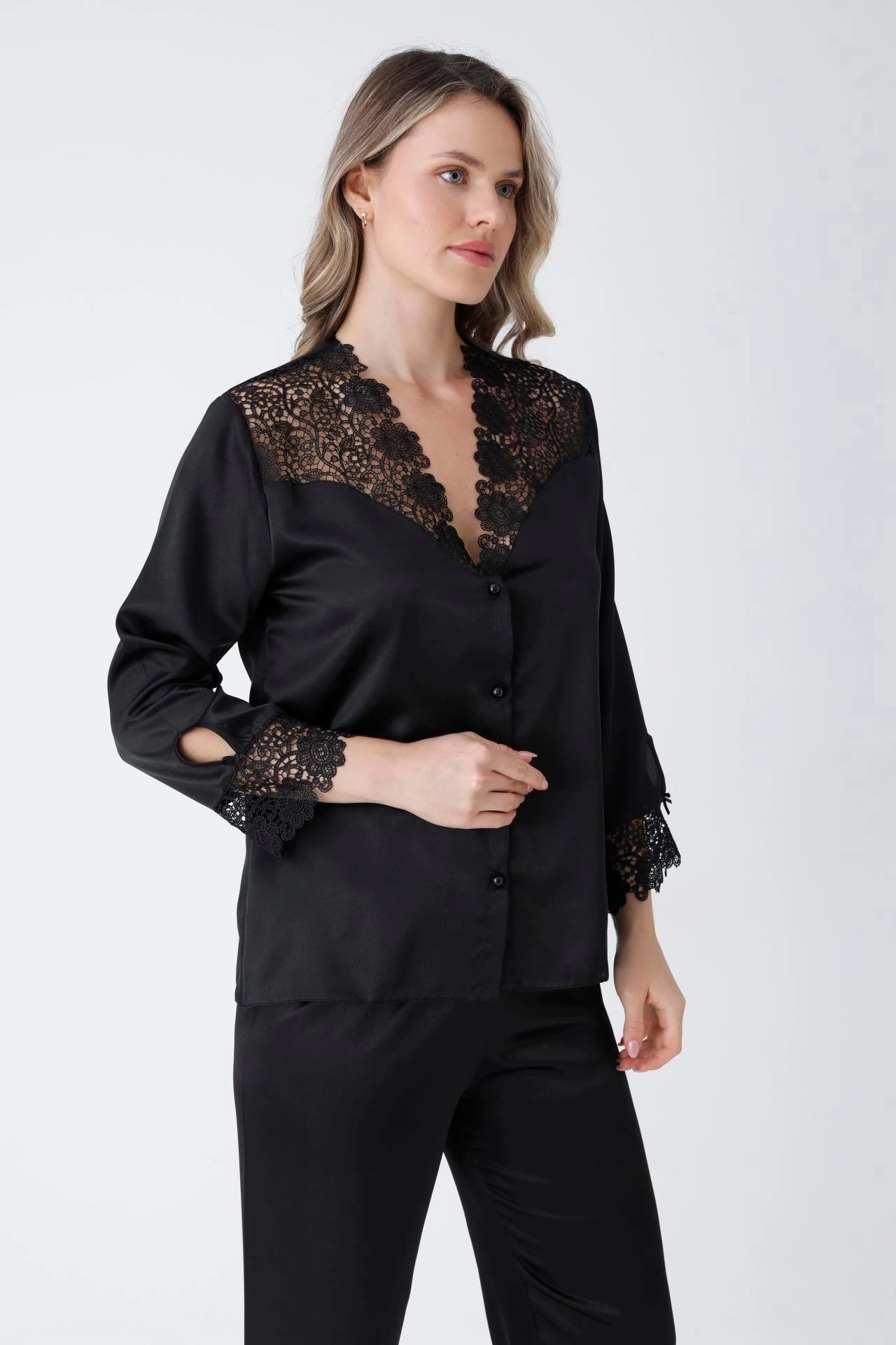 Black Satin 6-Piece Nightwear Set